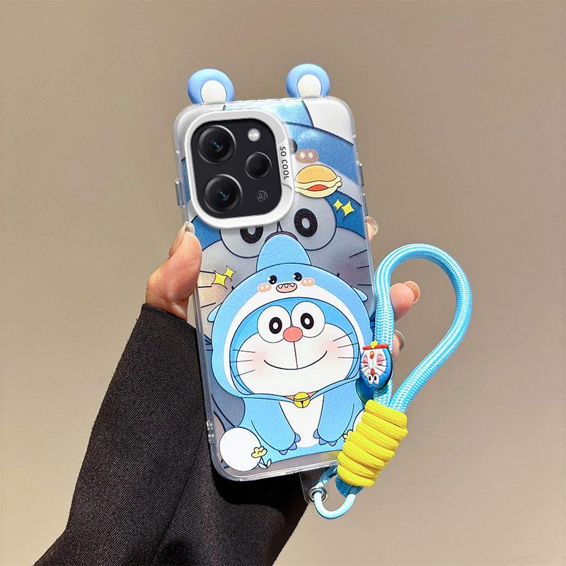 KEYSION Cute Ear Cartoon Case for Redmi 12 4G with Lanyard Soft Silicone+PC Shockproof Phone Back Cover for Xiaomi Redmi 12 5G