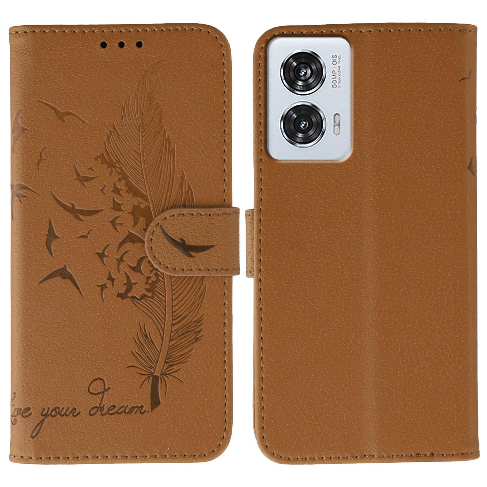 

For Motorola Edge 50 Fusion 5G Case Feather Imprint PU Leather Wallet Phone Cover Brown