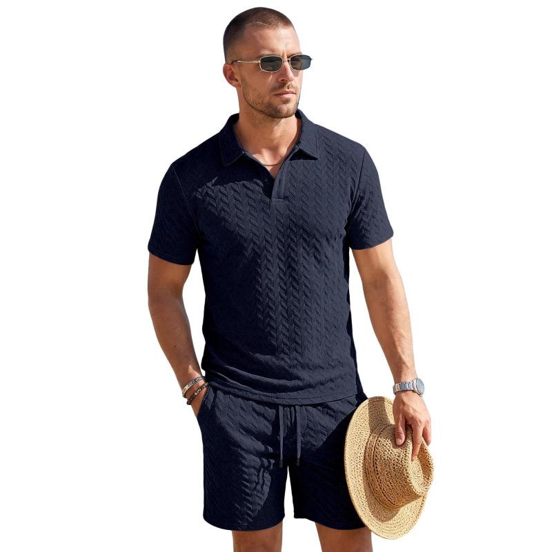 Summer Men's POLO Jacquard Solid Color Casual Loose Shorts Sports Set