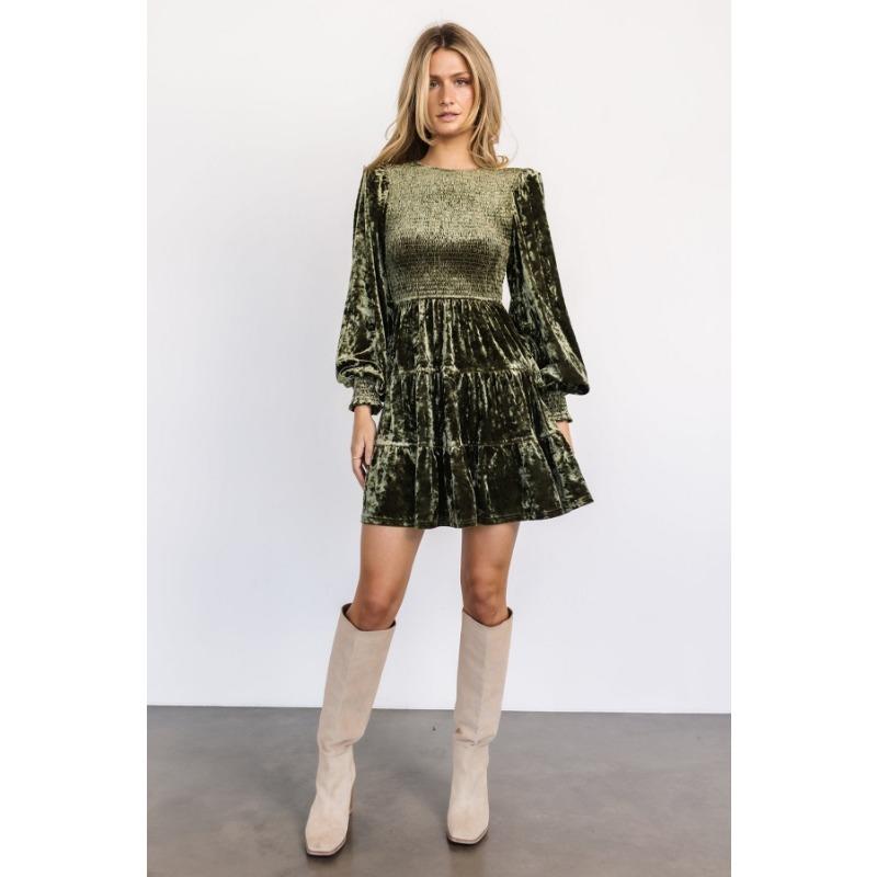 Damen Samtkleid Neu Langärmlig Rüschen Rundhals Kurzer Rock