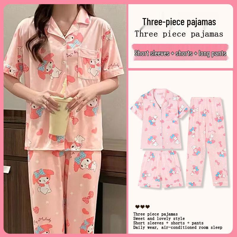 Kuromi Japanese-Style Cotton Pajamas: Women's Summer Lapel Sweet Cardigan Homewear Three-Piece Set