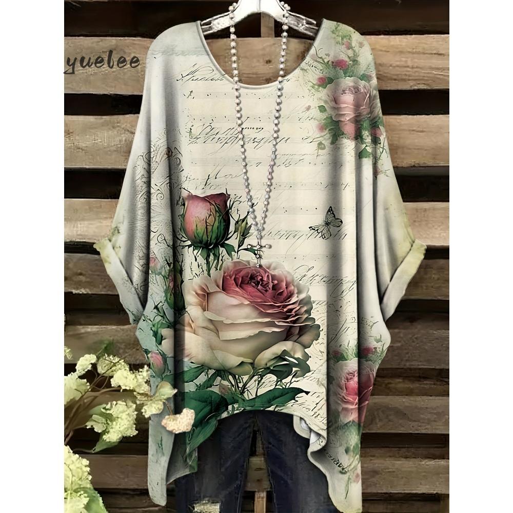 Verano Tela Imitación Denim Patrón Tie-Dye Estampado Dobladillo Irregular Cuello Redondo Manga Corta Mujer Casual al Aire Libre