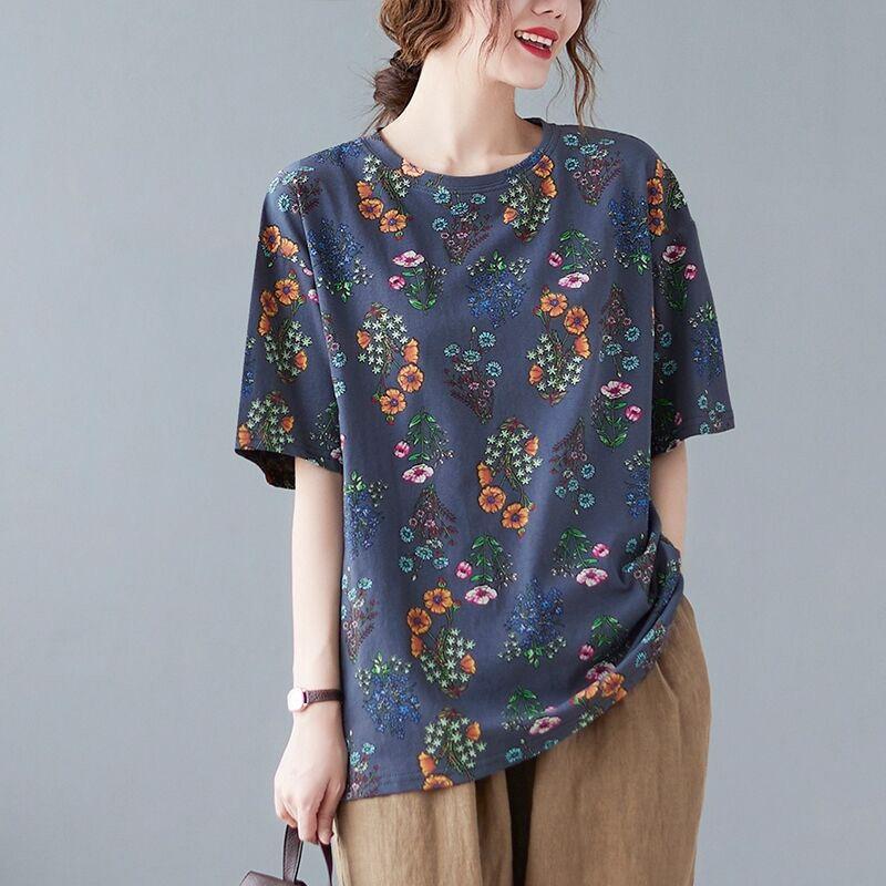 New Floral Short-sleeved Women's Plus Size Spring and Summer Bottoming Shirts Casual Artistic Tops Loose