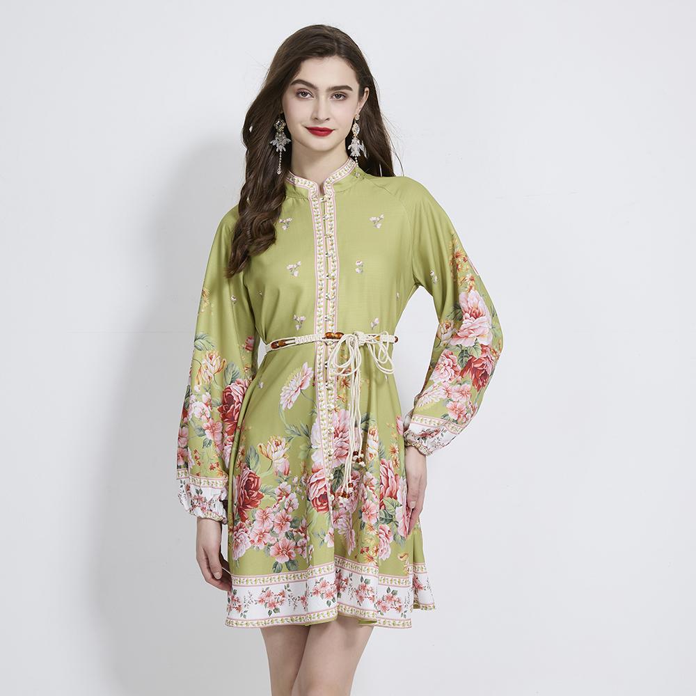 Spring Autumn Women Vintage Print Single Breasted Lantern Sleeve Mini Short Holiday Beach Dresses With Belt