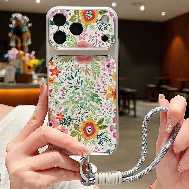 Floral Pattern Leather Lanyard Case For iPhone 18 Pro Max 17 16 15 14 13 Pro Max Luxury Hybrid TPU+PU Anti-skid Soft Phone Cover