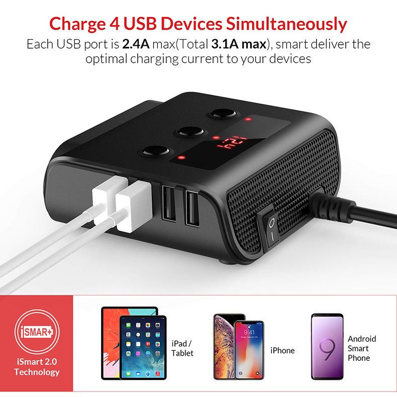 High Power Car Charger: 1 To 3 Lighter Socket Extension & 4-Port USB with Independent Switches TR12