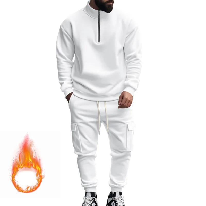 Autumn and Winter Men's Casual Velvet Warm Zipper Sports Trousers Set