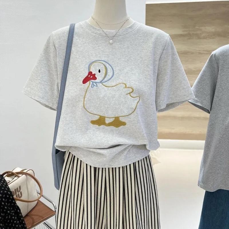 T-shirt d'été décontracté pour femme avec graphique de canard brodé, col rond, manches courtes, coupe ample