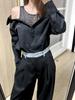 2026 Early Spring New Style Off-Shoulder Letter Crystal Mesh Patchwork Loose Long-Sleeve Women's Top