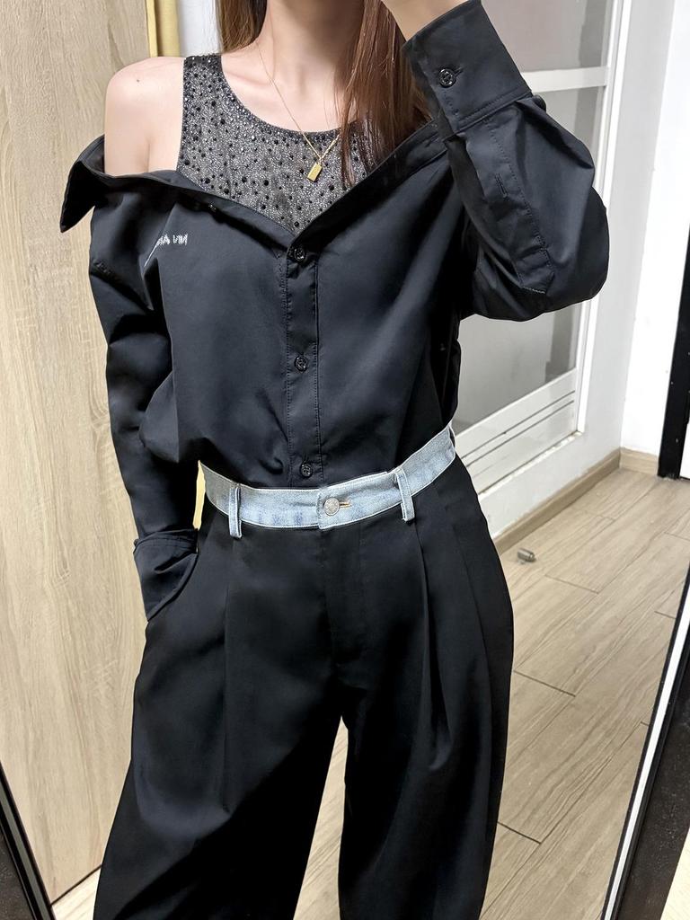 2026 Early Spring New Style Off-Shoulder Letter Crystal Mesh Patchwork Loose Long-Sleeve Women's Top