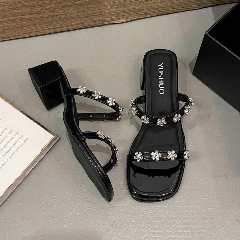 

Summer sandals women s thick heels high heels rhinestone outer wear open toes new word belt 2025 with skirt sandals 35