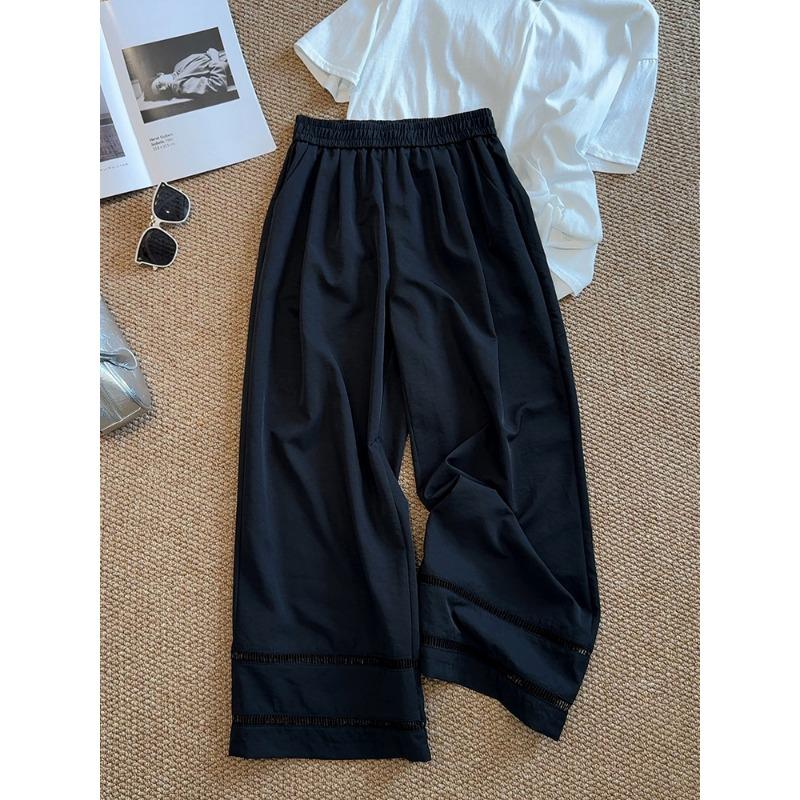 

Design sense hollow ice silk loose straight pants women s summer thin drape nine-point casual pants wide-leg pants M чёрный