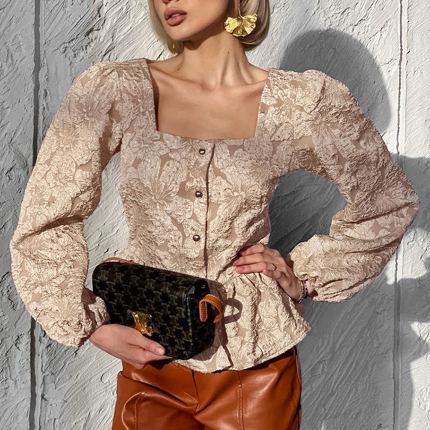 Fashion Women Shirt New Ladies Square-Neck Puff-Sleeve Women Blouse, Spring Girls Clothing