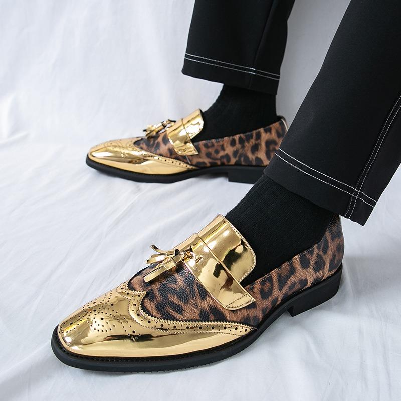 Brand Men Shoes Leopard Print Design Leather Shoes Classic Business Dress Shoe Golden Patent Leather Party Wedding Shoes for Men