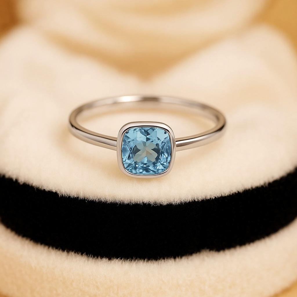 Cushion Cut Aquamarine Solitaire Ring – Yellow Gold Plated Bezel Setting, Engagement Wedding Jewellery Gift for Women