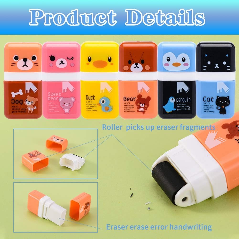 Sooez 12 Pack Pencil Erasers, Cute Erasers Pencil Eraser with Clean up Roller Pencil Eraser Shaving Roller Case Erasers for Party Favors Gift