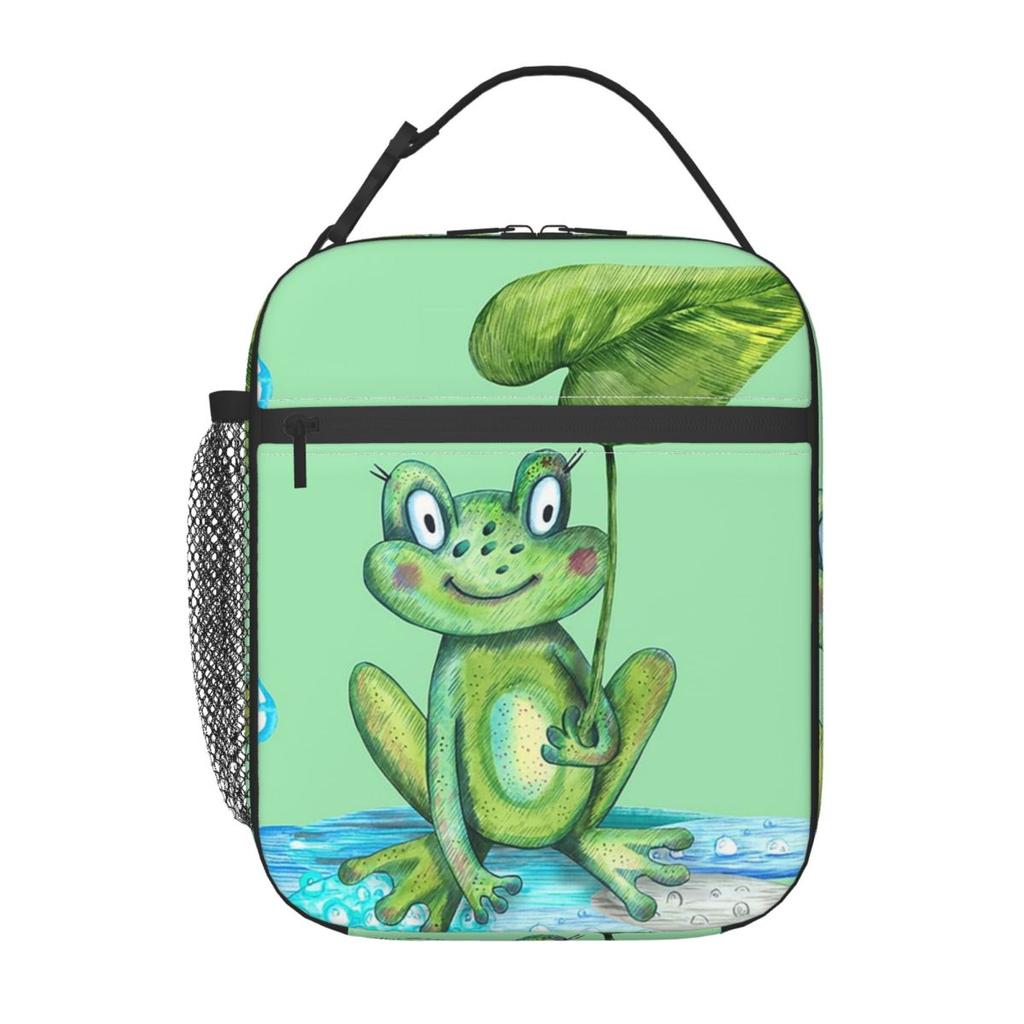Bolsa de Almuerzo Térmica con Rana Linda Bajo Hoja y Lluvia para Niños, Nevera Escolar, Contenedor de Comida Térmico, Bolsa de Tote, Contenedores de Lonchera a Prueba de Fugas