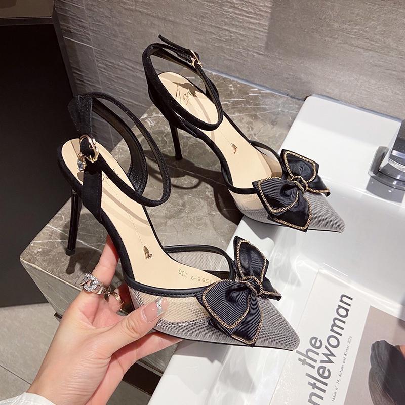 Sweet bow stiletto single shoes women's summer 2025 new women's shoes mesh bag head pointed high heel sandals