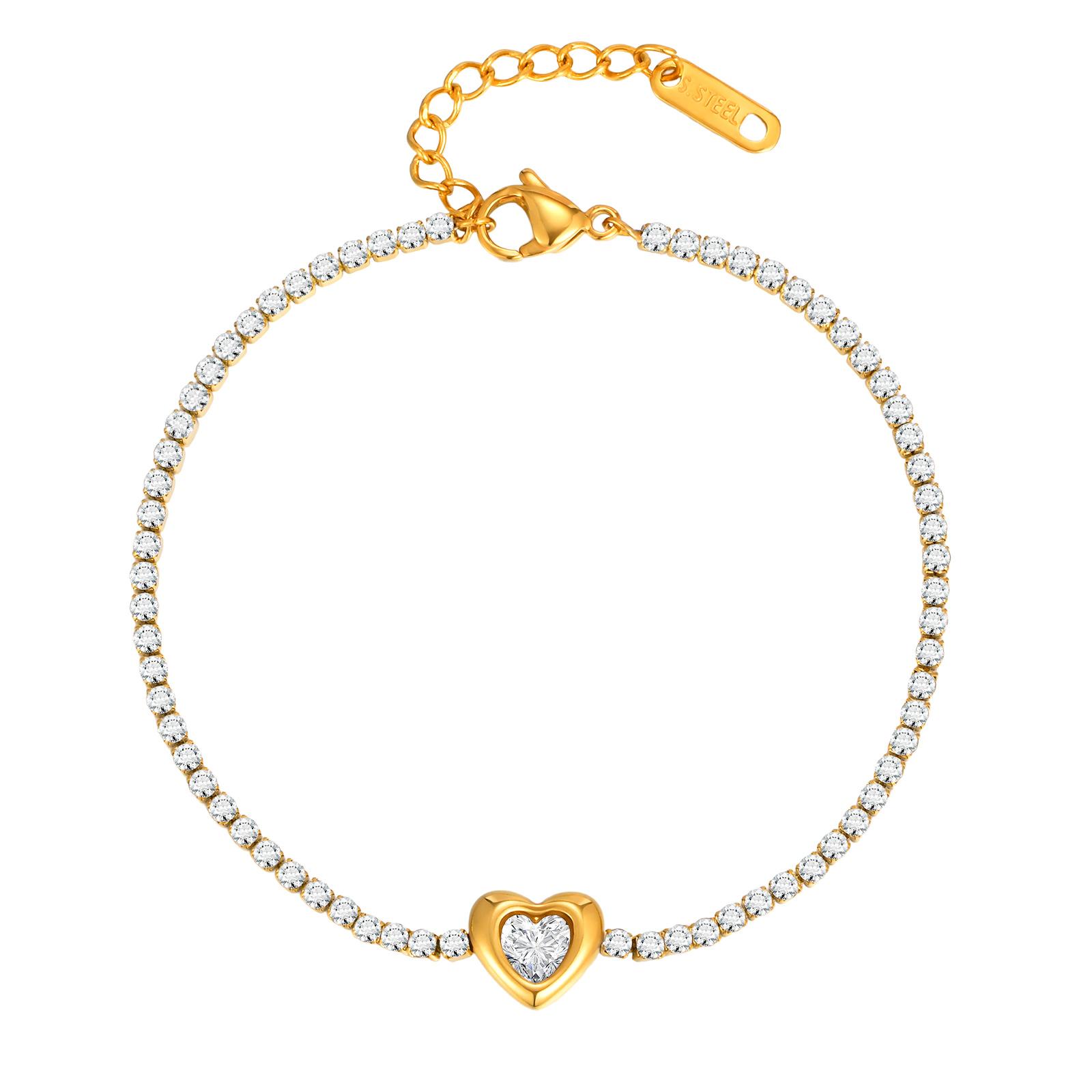 

Stainless Steel Tennis Chain Heart Shape Zircon Bracelet for Women, Elegant 18K Gold Plated Adjustable Waterproof Tarnish-free