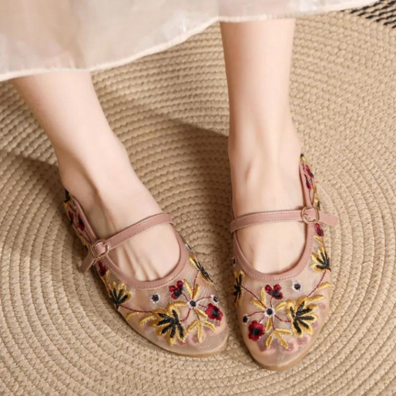 Breathable Mesh Women Ballet Flats Flower Embroidered Mary Jane Shoes Woman for Ladies Casual Round Toe Brand Designer Footwear