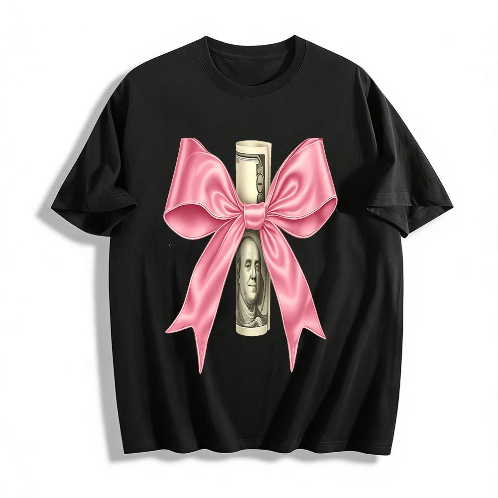 

Funny Dollar Bill Pink Bow Print T-shirt Unisex Casual Loose Top Money Graphic Tee Pure cotton T-shirt XXS