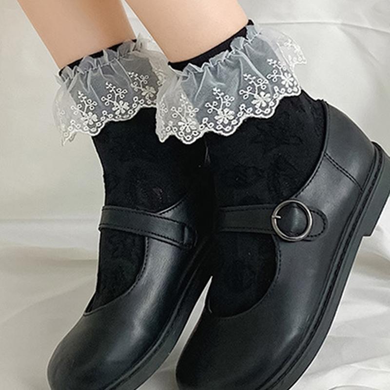 JK Girl Ruffle Lace Trim Cotton Ankle Socks Jacquard Knit Frilly Socks for Women