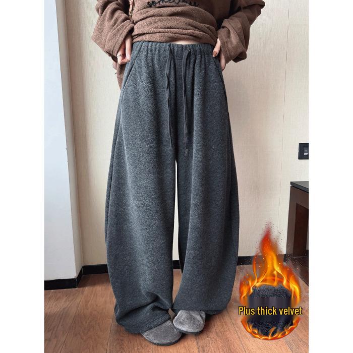 High Waist Drawstring Wide Leg Casual Pants for Women - Autumn/Winter Plus Velvet Trendy Style