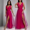 Vestido de Verano Europeo-Americano de Cuello en V Ceñido a la Cintura Delgado con Abertura y Falda Amplia 2022