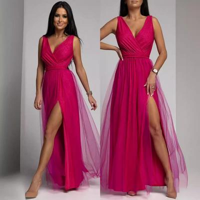 2022 European-American V-Neck Waist-Cinching Slim Slit Swing Dress