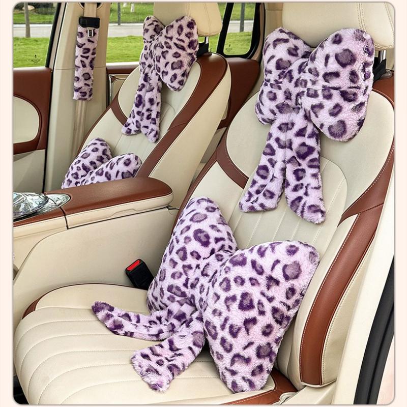 Bow Leopard Print Car Headrest Car Seat Decoration Neck Pillow Protection Pillow Plush Comfortable Seat Cushion Lumbar Support