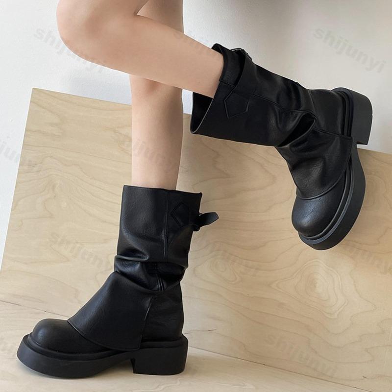Women Boots 2026 Autumn Round Toe Chunky Platform Mid Calf Boots Fashion Retro British Style Wedges High Top Boots Botas Mujer