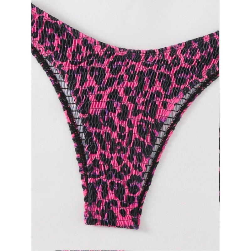 Neon Pink Black Leopard Print Smocked Two Piece Bathing Suit