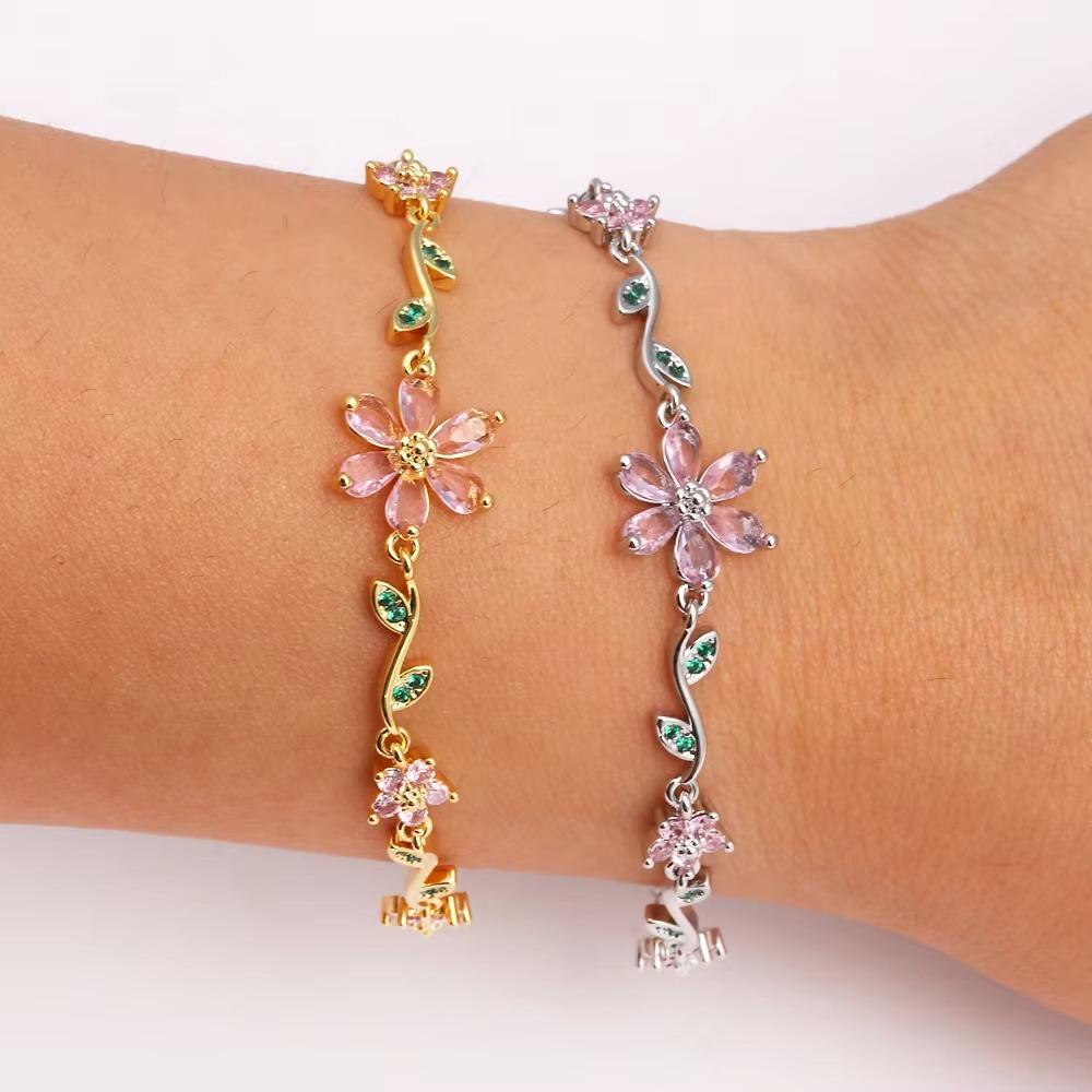 Exquis Bracelet Fleur Feuille Verte Luxe Brillant Strass Bracelet Mariage