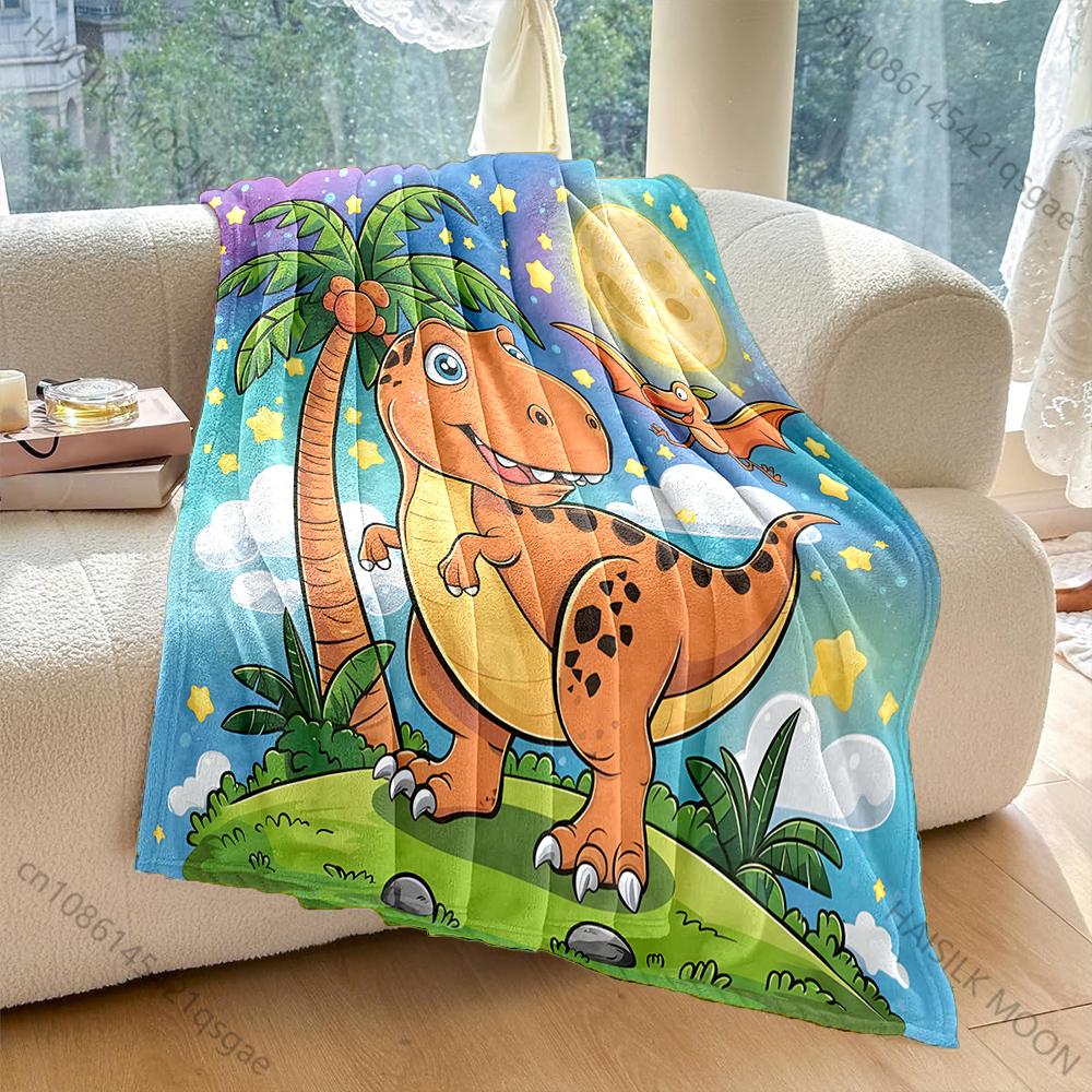 Multi Size Dinosaur Under Palm Tree Pattern Blanket Flannel Material Soft Warm for All Seasons, Home Outdoor Camping Picnics RV