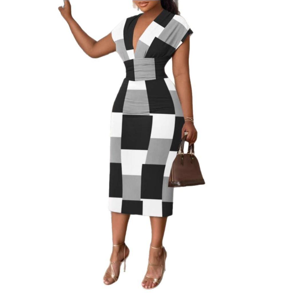 European & American Women's V-Neck Slim Fit Printed Dress
