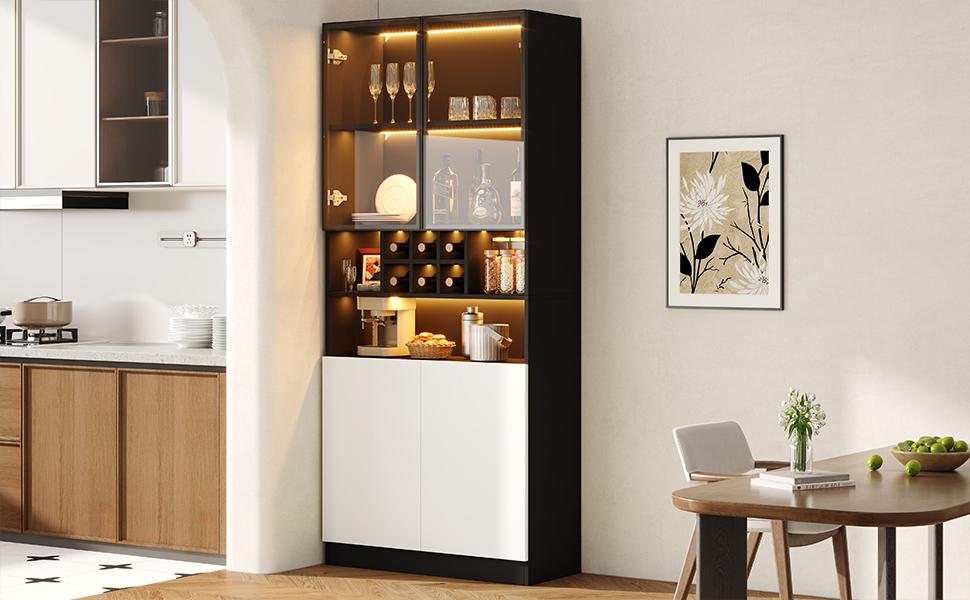 LED-Illuminated Glass Display Cabinet, Tall Cabinet 80x30x180 cm - Tempered Glass, Open Shelves, 2 Doors. Suitable for Living Room and Dining Room