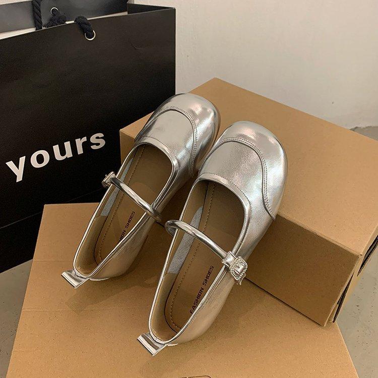 Round Head Flat Bottom One Word Buckle Mary Jane Single Shoes Female Fall Rhinestone Soft Bottom Shallow Mouth Shoes