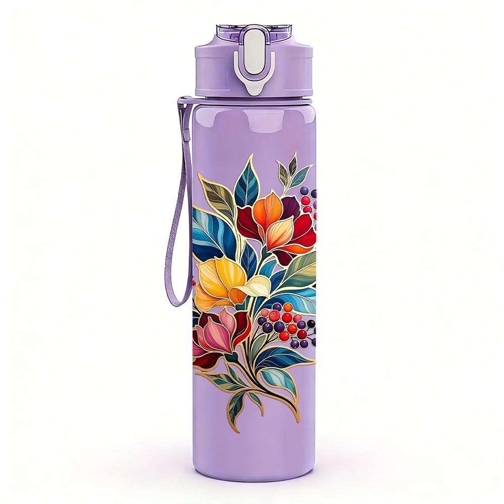 1PC Colorful Mixed Wild Bouquet Print 750ml Color Plastic Sports Water Bottle Leakproof Flip Straw Lid Suitable for Sports Office Home Use
