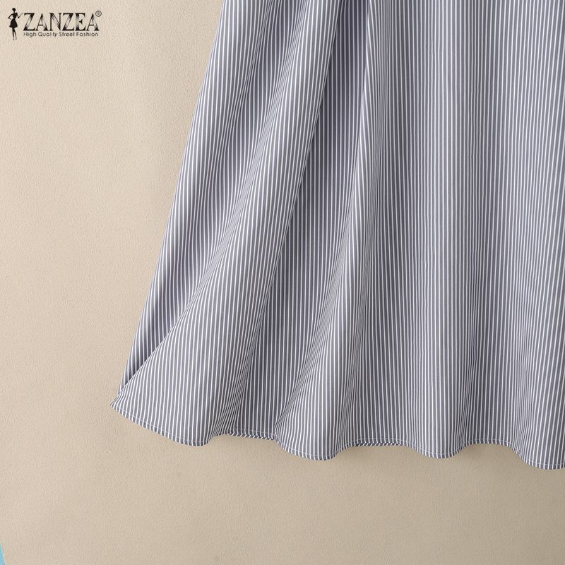 ZANZEA Women Casual Turn Down Collar Long Sleeve Elegant Stripe Dress
