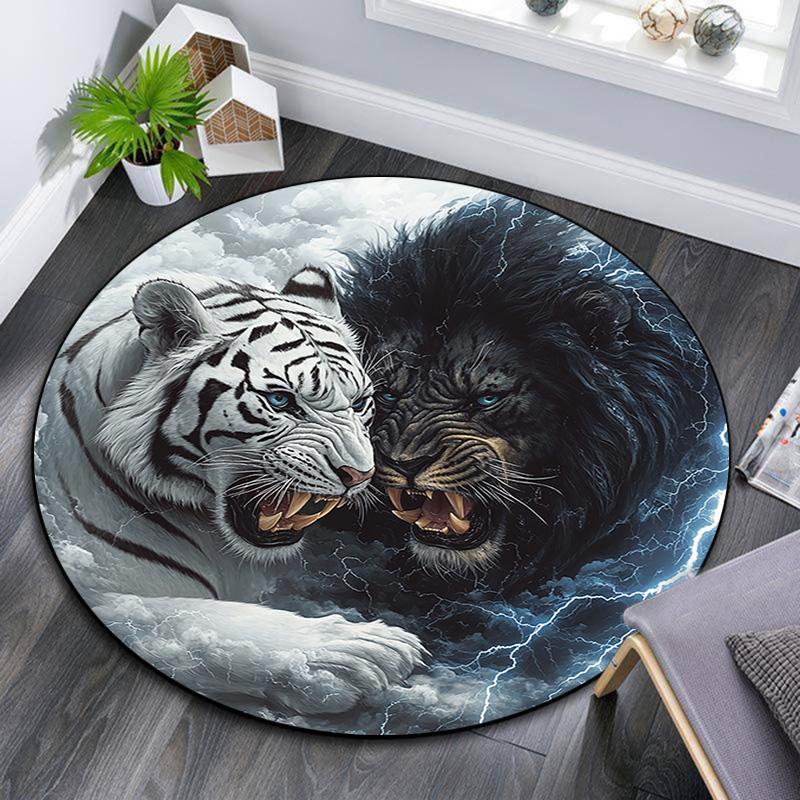 Yin Yang Tiger Lion Round Area Rug,Carpet Rug for Living Room Bedroom Sofa Playroom Decor,Non-slip Floor Mat