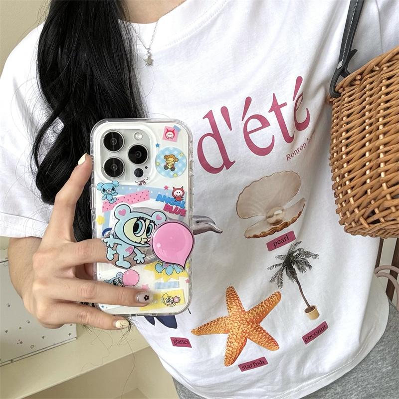 Kawaii Cartoon Stand Holder Phone Cover For iPhone 16 Pro 15 13 14 Pro Max 15pro Shockproof Cases Korean Cute Case 16Pro Funda
