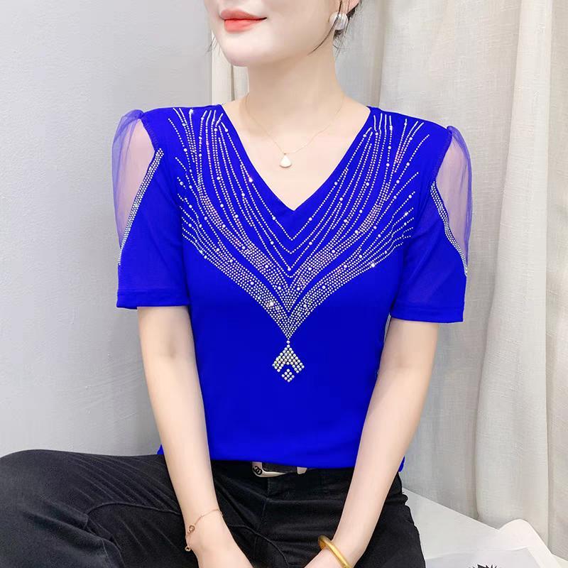 

Элегантная летняя женская европейская футболка, сексуальная с V-образным вырезом, с блестящими горячими бриллиантами, уличная одежда, топы для девушек, одежда, тонкие сетчатые футболки с коротким рукавом 3XL синий