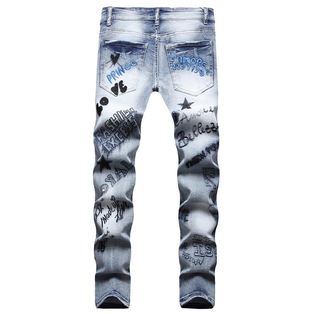 Herrtrendiga Europeiska & Amerikanska Hip-Hop Stil Smal Passform Broderade Jeans