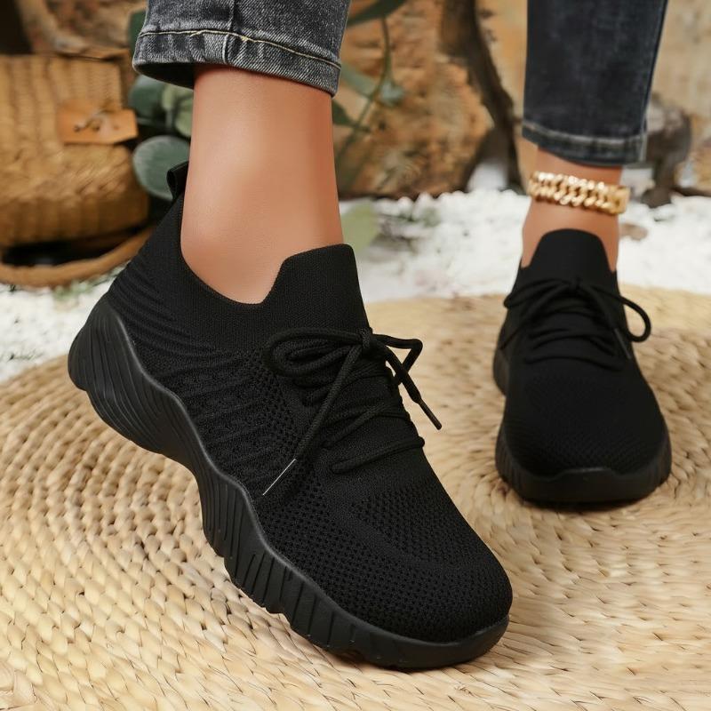 Women's Breathable Knit Mesh Casual Sports Shoes, Lightweight Solid Color European Style Footwear, Available In Large Sizes.