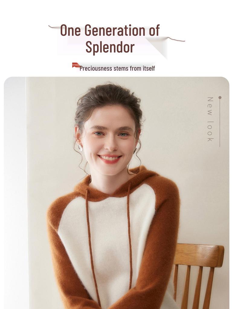 Women's High-End Color Block Hooded Cashmere Sweater - Loose, Thick, Raglan Sleeve Knitwear for Autumn/Winter Outerwear