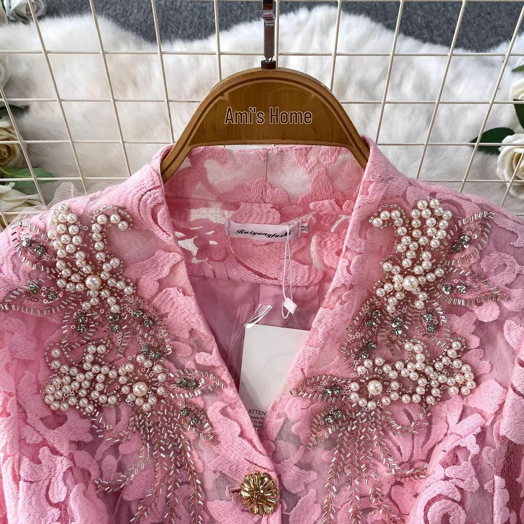 Women's Elegant Embroidered Beaded Lace V-Neck Shirt & Pleated Long Skirt Set