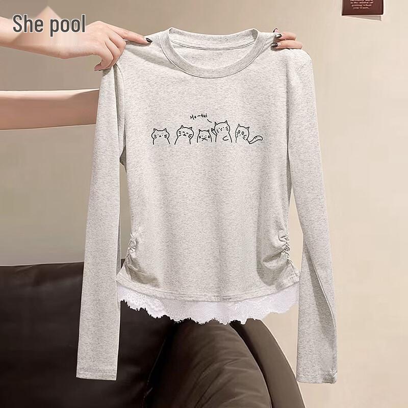 Women s Printed Lace Trim Pleated Long Sleeve T-Shirt S
