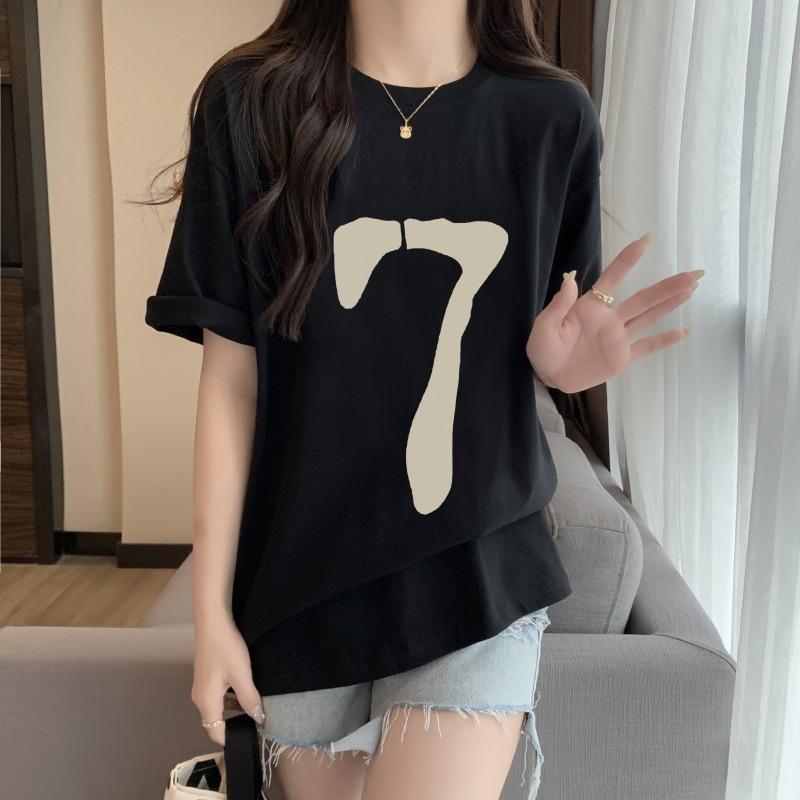 

Cotton short-sleeved T-shirt women s 2025 Korean version of casual round neck printing medium and long T-shirt women s loose large size women s XXXL