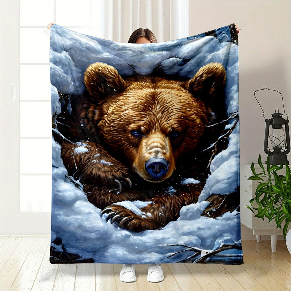 Cozy Brown Bear in Winter Snow Patterned blanket, flannel, suitable for all seasons, home decor, warm and cozy
