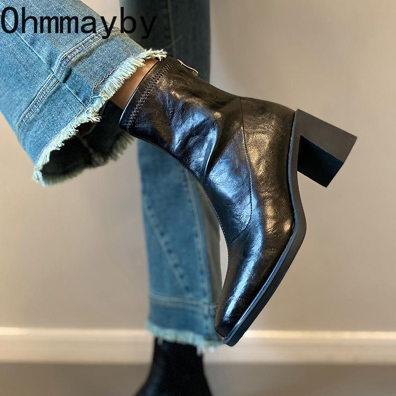 Autumn Vintage Elastic Slim Women Ankle Boots Fashion Soft Leather Shoes Ladies Elegant Thick Heel Mordern Short Booties